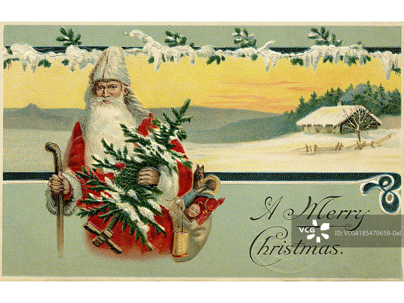 复古圣诞贺卡：雪地圣诞老人图片素材