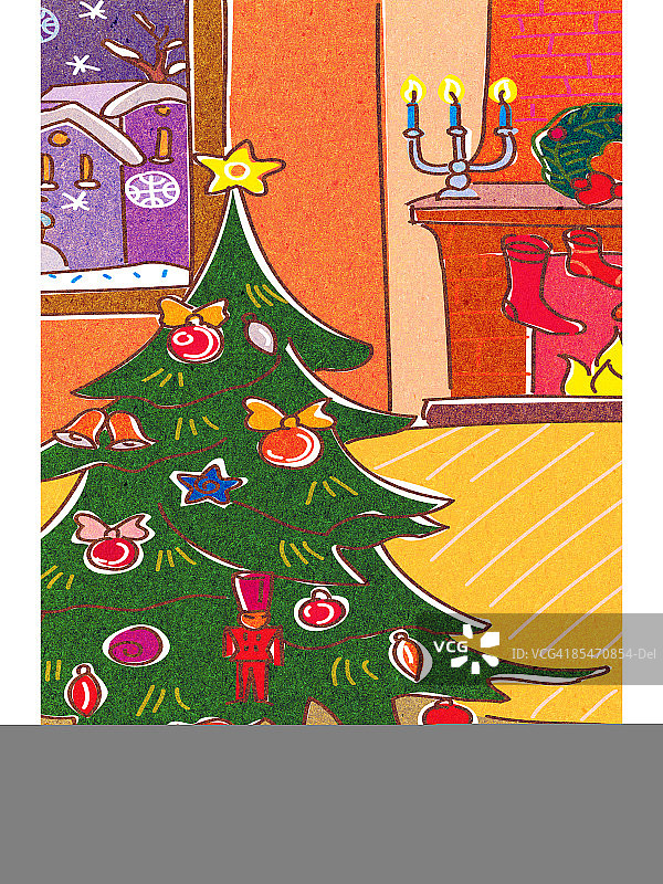 壁炉旁圣诞树下的礼物图片素材