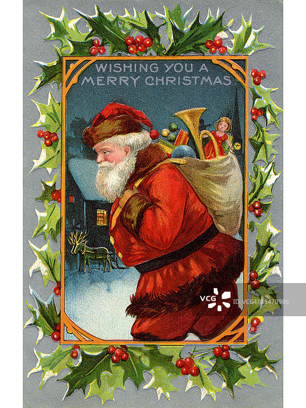 圣诞老人和装满礼物的麻袋的复古圣诞贺卡图片素材