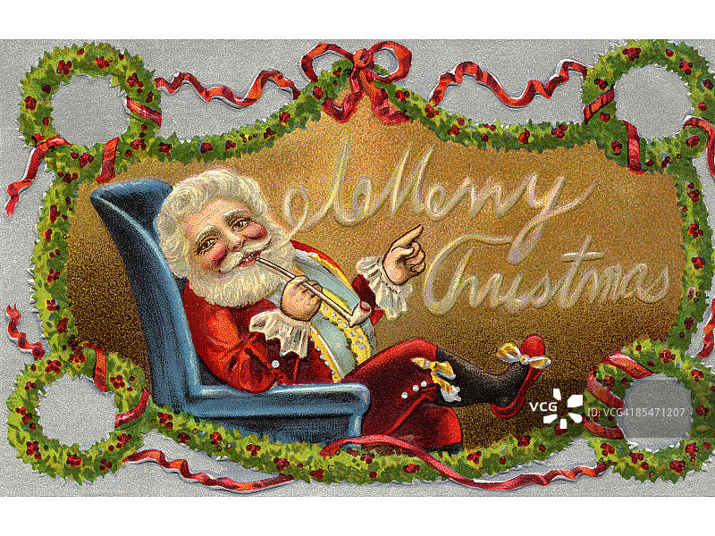 圣诞老人坐在椅子和花环旁的复古圣诞贺卡图片素材