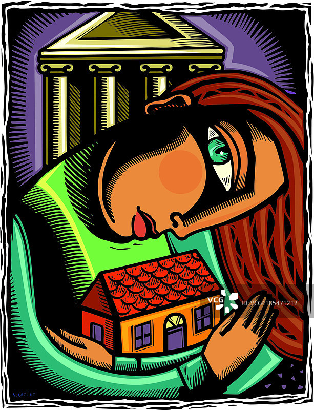 一位女士抱着房子，背景是银行图片素材