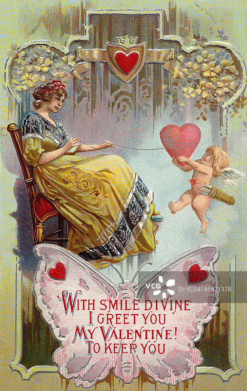 复古情人节卡片：女子拉着系着绳子的心，丘比特抓住不放图片素材