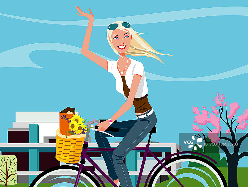 挥手的自行车女郎图片素材