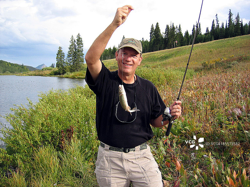 湖中彩虹鳟鱼垂钓图片素材