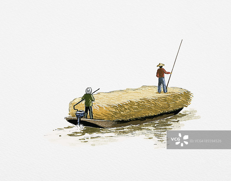 超载稻草船上两人插画图片素材