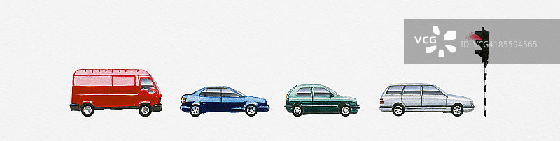 静止的厢型车和三辆在红色交通灯前等待的汽车插画图片素材