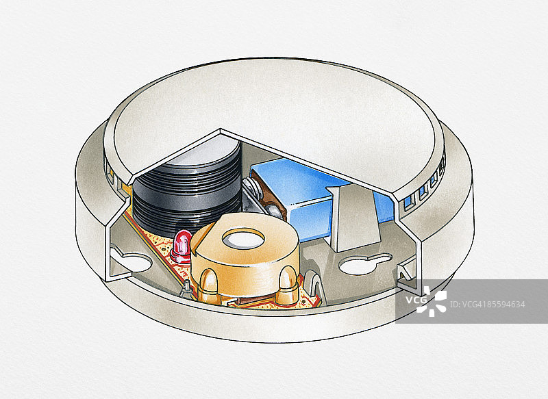 烟雾探测器横截面图：显示电离室、压电蜂鸣器和电池图片素材