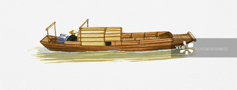 在长江上由舷外马达驱动的舢板上的人的插图图片素材