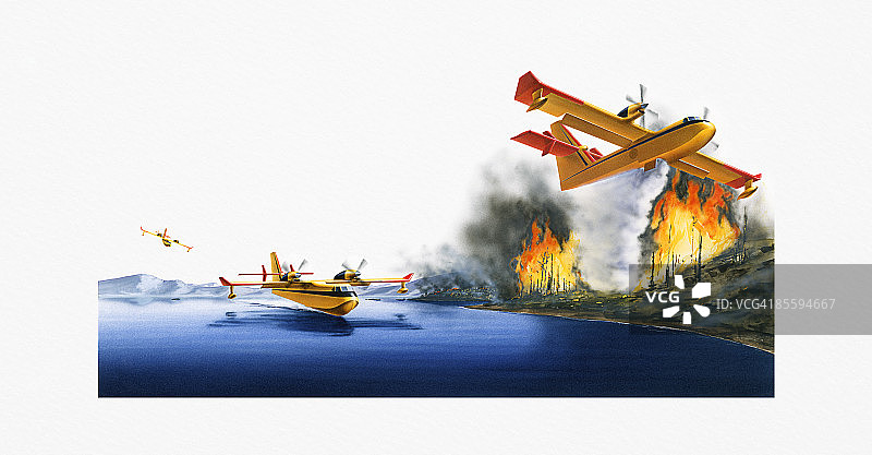 CL-215消防飞机在海岸线扑灭森林火灾插画图片素材