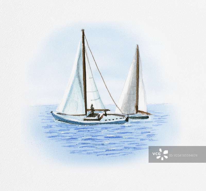 无风平静海面上的两艘帆船插画图片素材