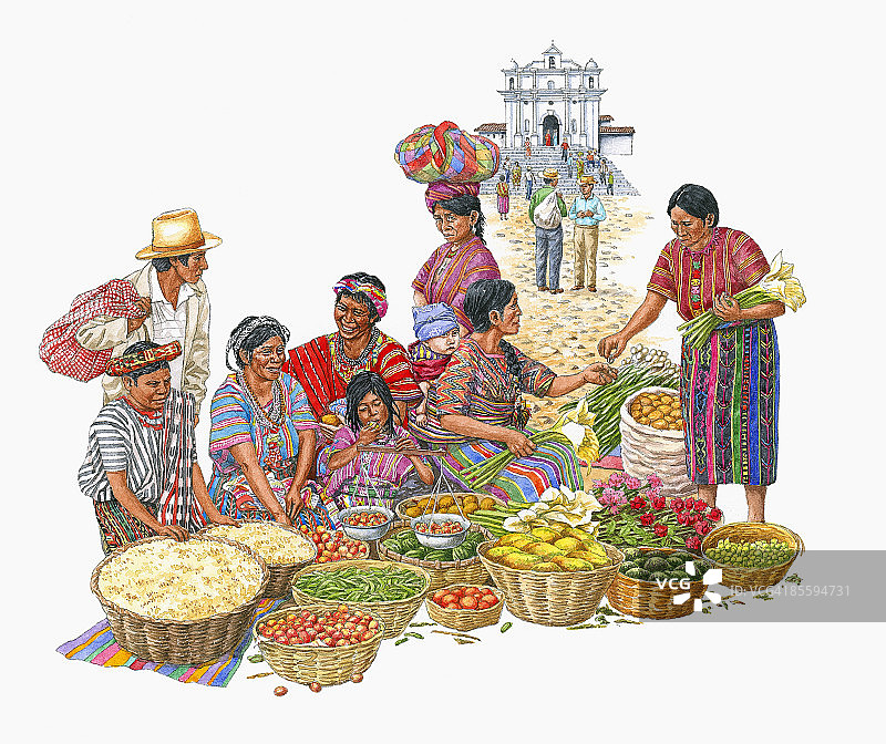 集市上人们售卖新鲜农产品的插画，背景为危地马拉奇奇卡斯特南戈的圣托马斯教堂图片素材