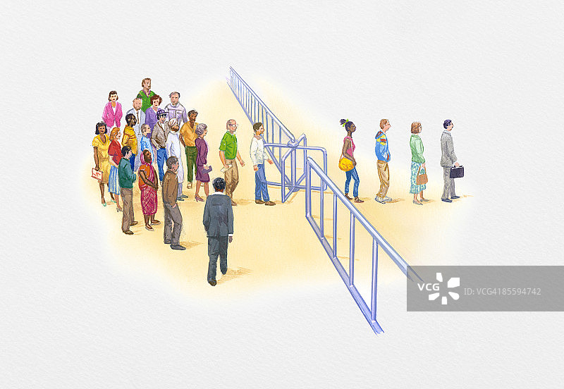 旋转栅门后的人群和排队人群插画图片素材