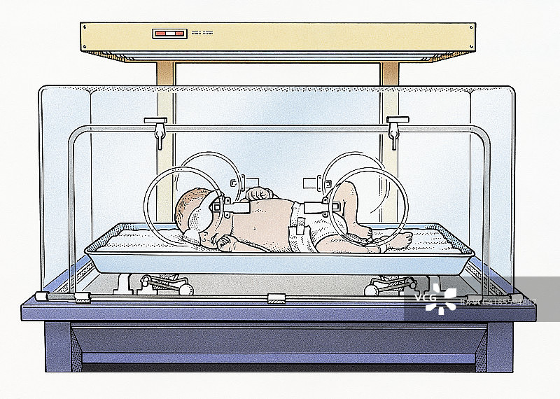 宝宝戴眼罩躺在育婴箱内插画图片素材