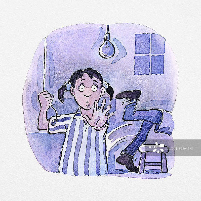 卡通女孩在黑暗中拉灯绳，男子在后面被凳子绊倒图片素材