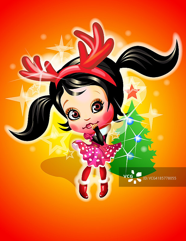 圣诞树前的女孩图片素材