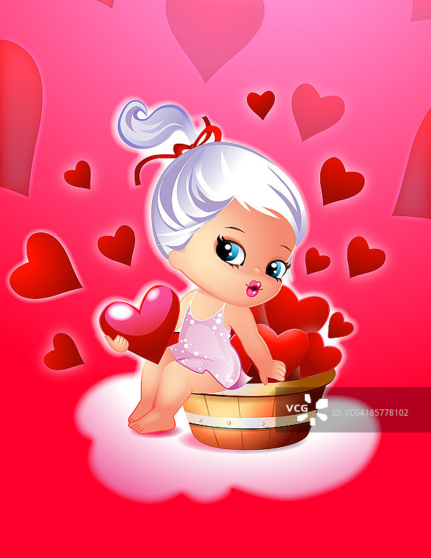 女孩坐在装满爱心的桶上图片素材