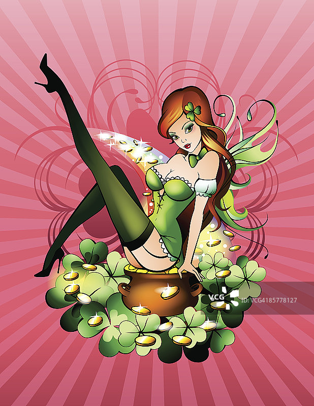 女人坐在金罐上，周围环绕着三叶草图片素材