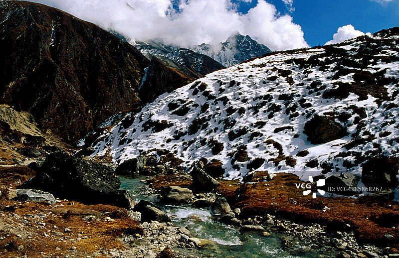 Machhermo村庄的溪流和积雪山坡图片素材
