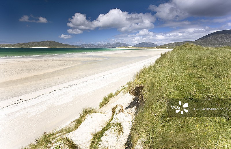 眺望苏格兰外赫布里底群岛塞莱博斯特白沙滩与群山图片素材
