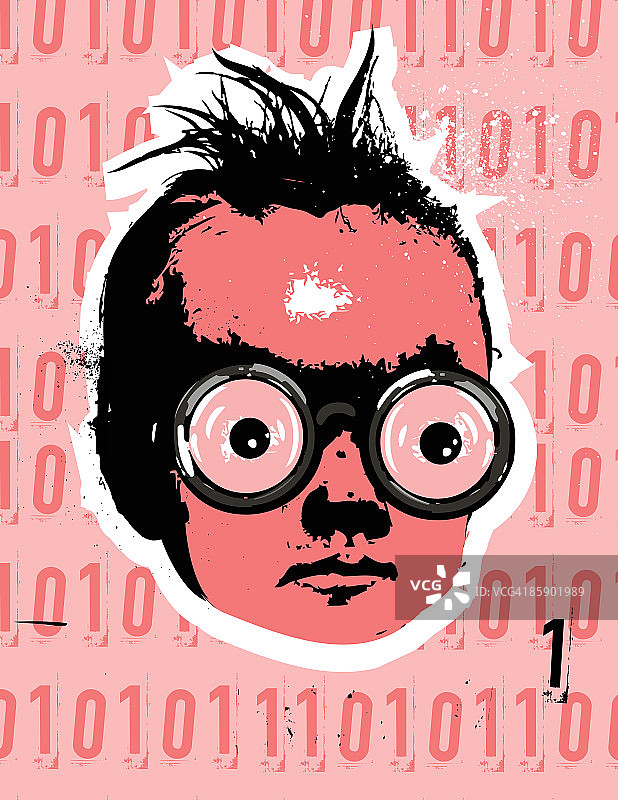 宝宝戴着厚厚的眼镜，背景是二进制代码图片素材