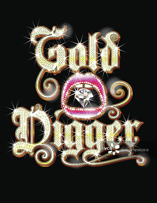 女人嘴里的钻石与“拜金者”字样图片素材