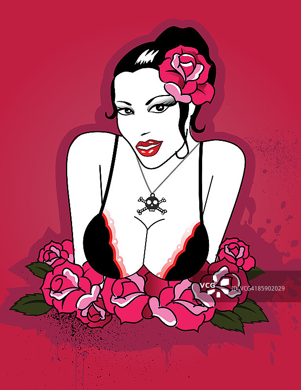 头发上别着玫瑰的女人图片素材