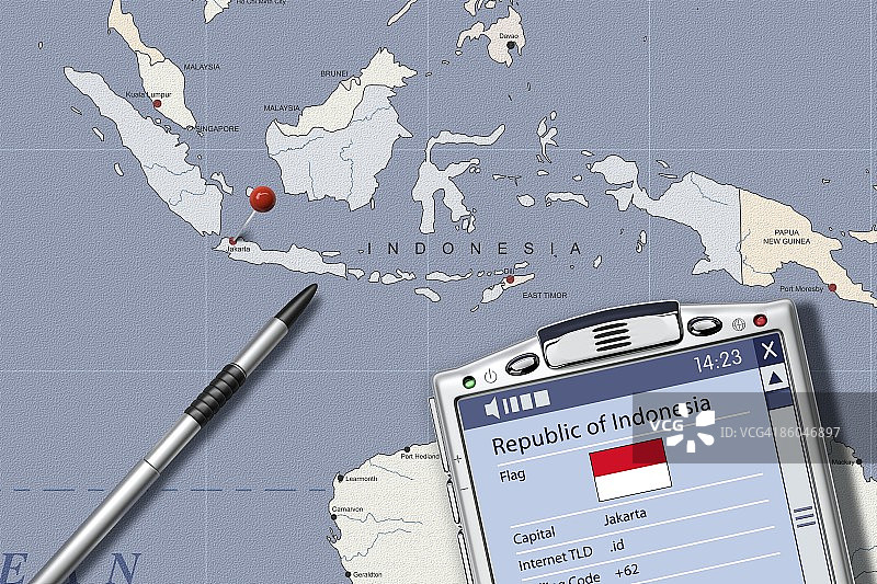 显示信息的印度尼西亚地图上的PDA图片素材