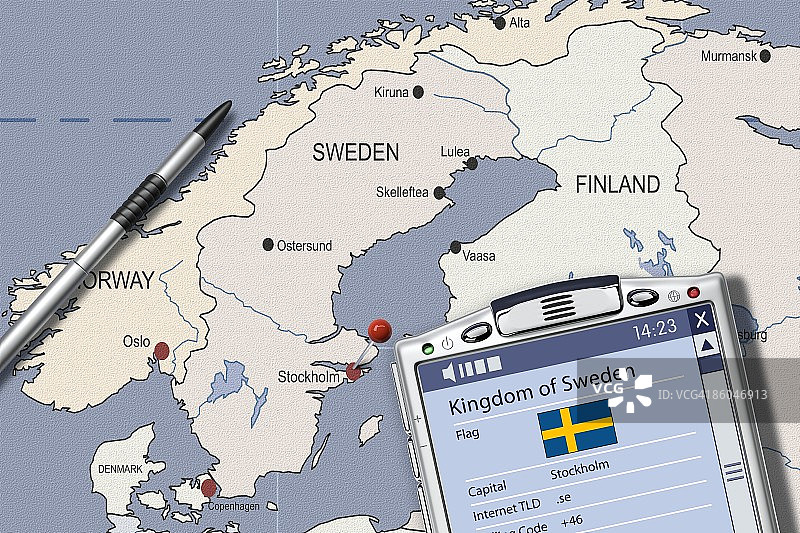 瑞典地图上的PDA信息显示图片素材
