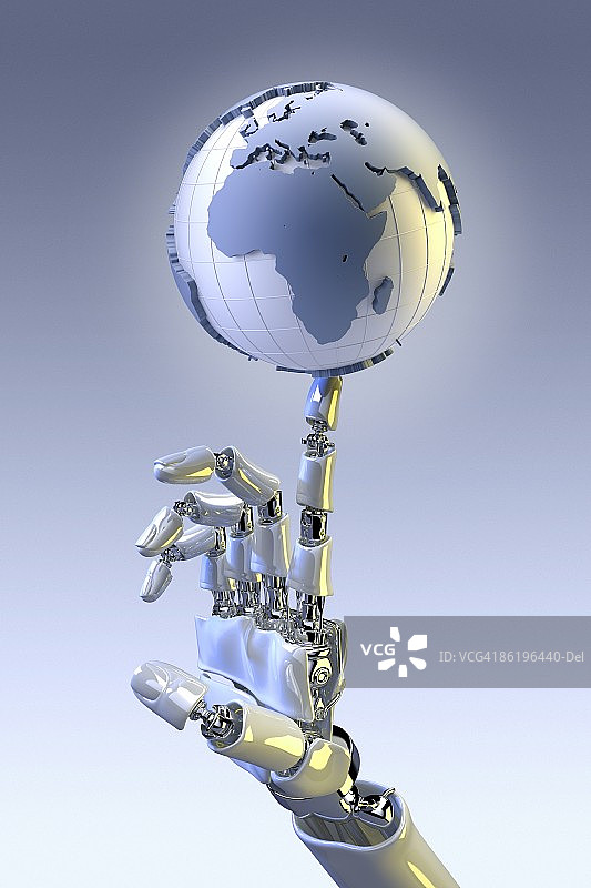 机器人手托起显示欧洲非洲的地球图片素材