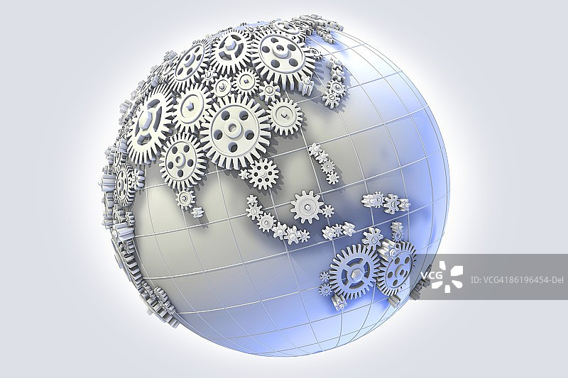 亚洲、澳大利亚形状的地球仪上的齿轮图片素材