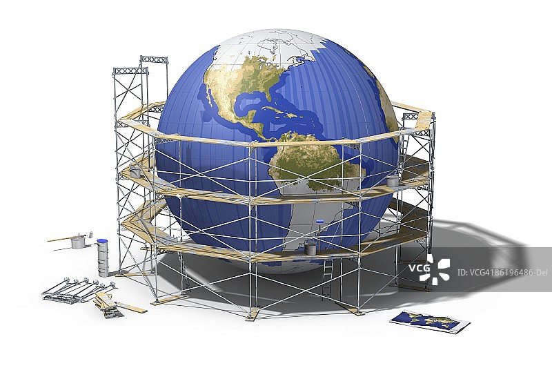脚手架环绕的未上漆地球仪图片素材