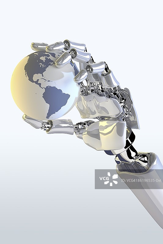 机器人手持显示美国的地球图片素材