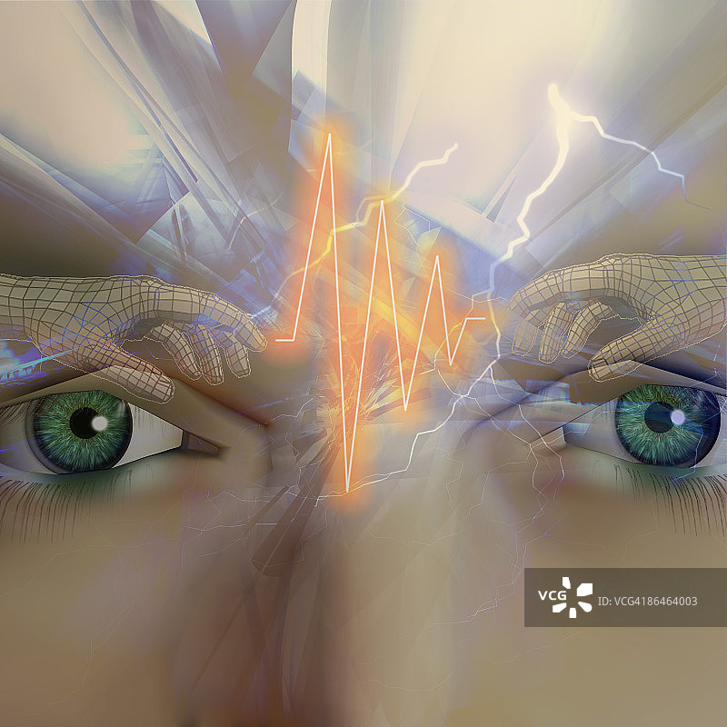 闪电、人脸和手部图形的数字拼贴，带有发光的心跳图片素材