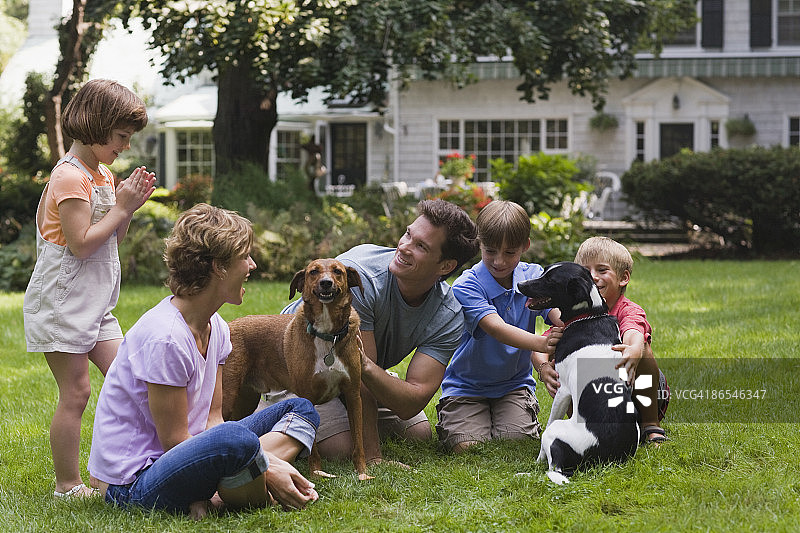 一家人在草坪上与狗玩耍图片素材