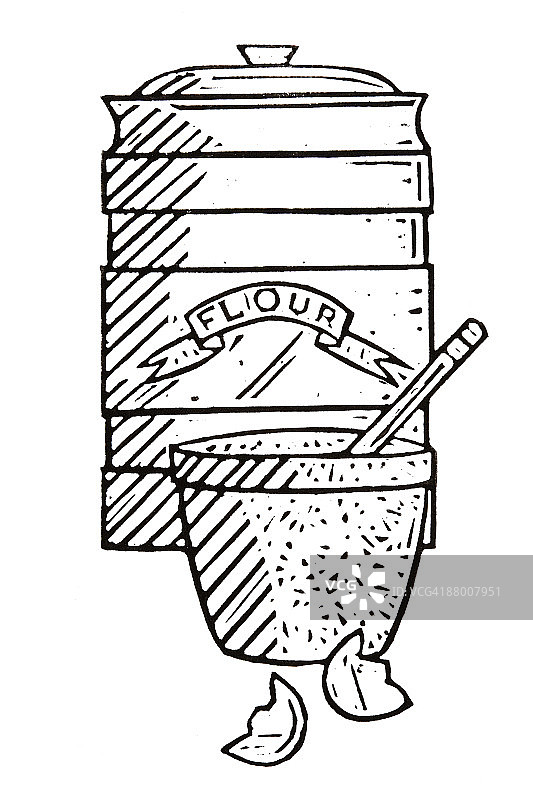 装有面粉、搅拌碗和蛋壳的罐子黑白插图图片素材