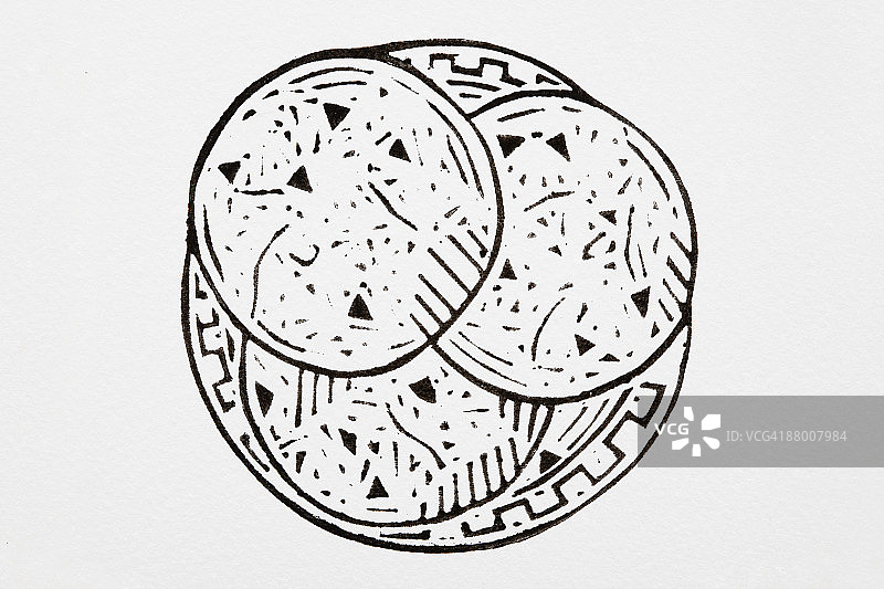 盘中三块薄烤饼黑白插画图片素材