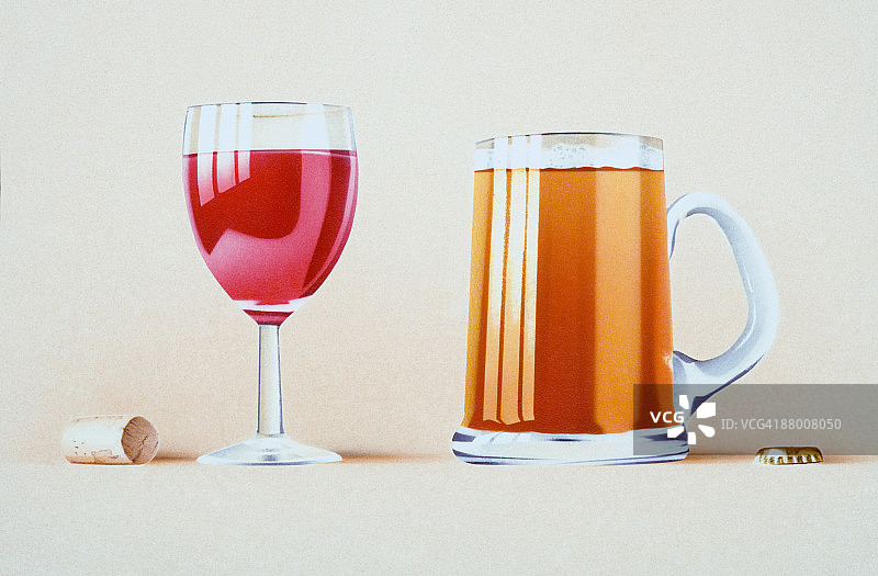 红酒杯、软木塞、啤酒杯和瓶盖图片素材