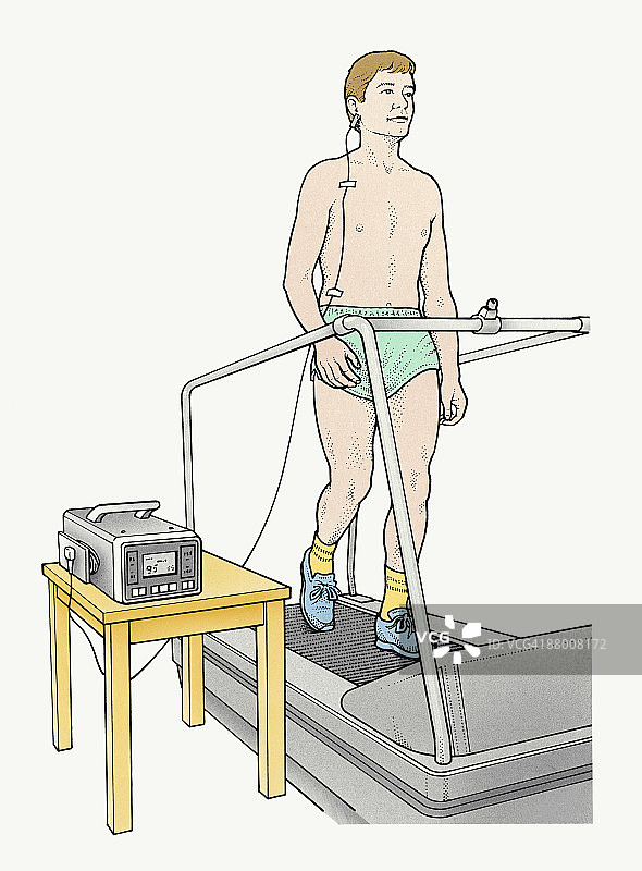 男子在跑步机上运动，耳朵上夹着血氧仪图片素材