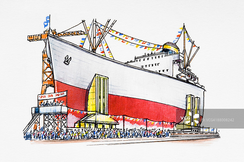 人群庆祝首航的船只图片素材