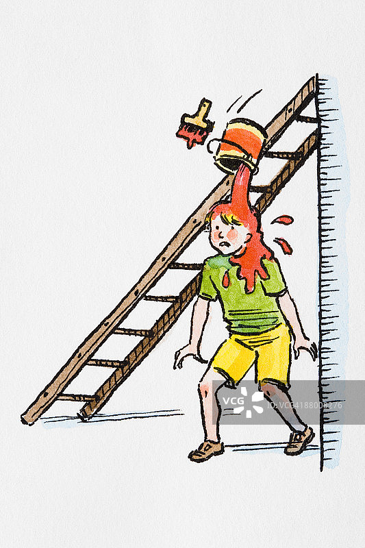 油漆从桶中溢出，淋到女孩的头上图片素材