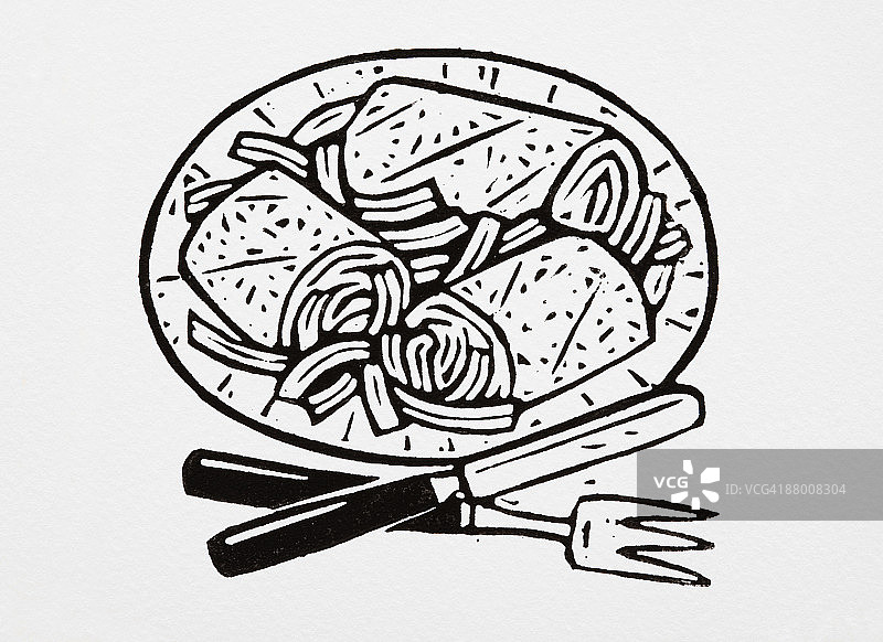 盘子里的玉米饼卷、刀叉黑白插画图片素材