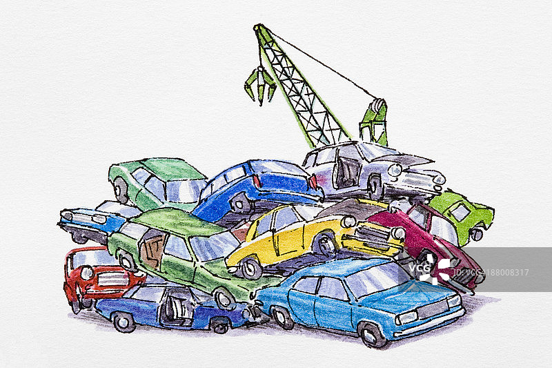 报废车堆积在拆车场，起重机正在作业图片素材