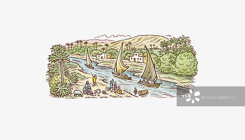 埃及尼罗河上的三角帆船插画图片素材