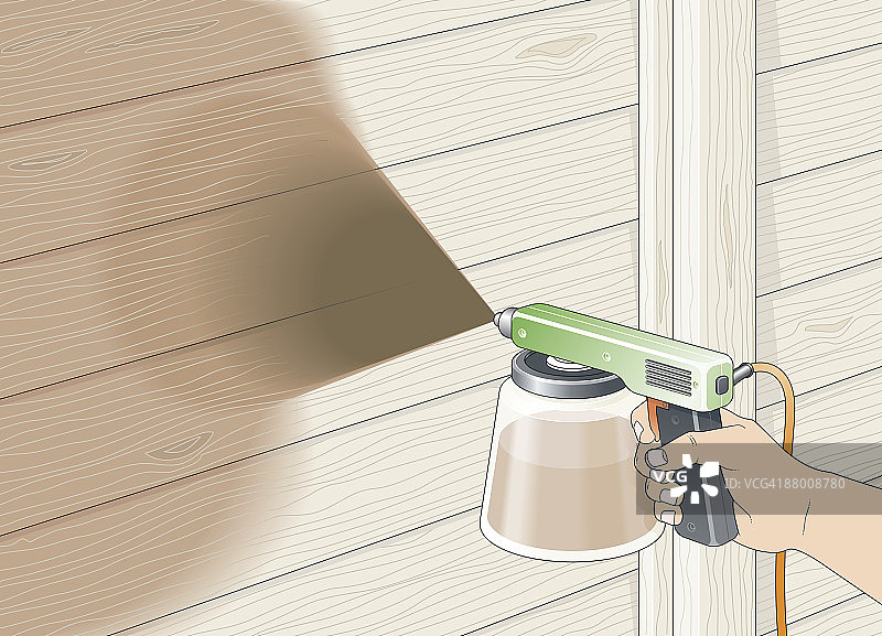 使用喷枪在花园栅栏上涂抹杂酚油的数字插画图片素材