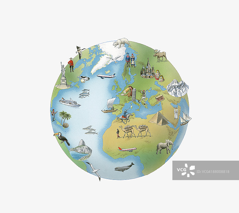 展示动植物和人物的世界地球数字插图图片素材