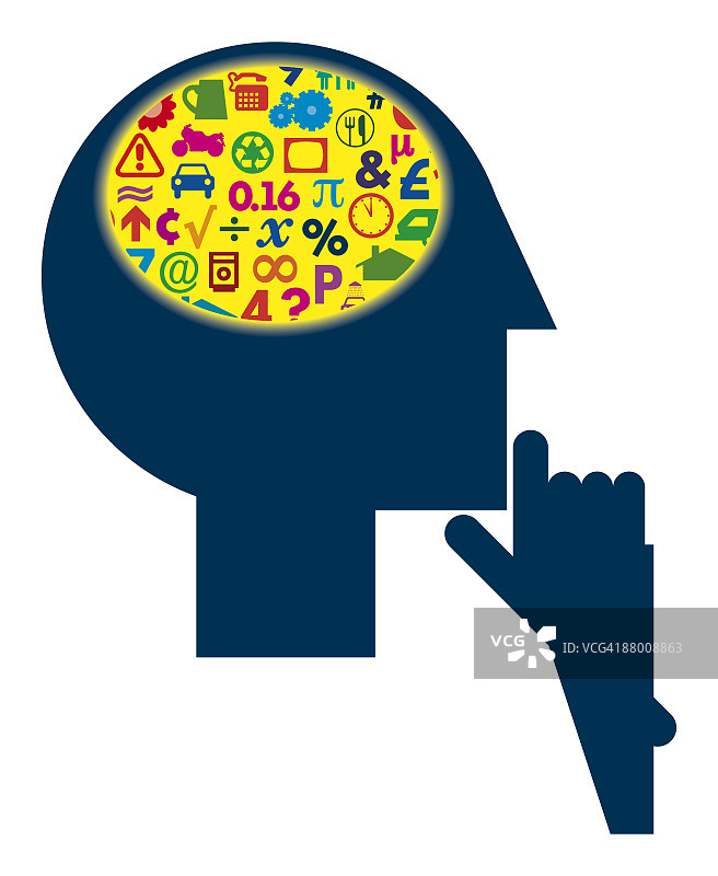 头部内部的符号和标志数字图，代表人类大脑的不同区域图片素材