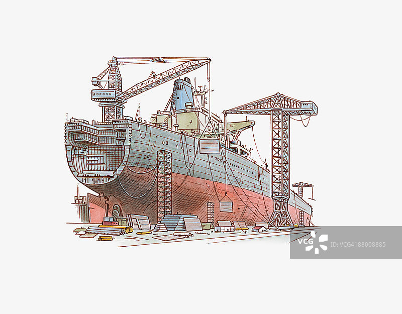 码头起重机从船上卸货的插图图片素材