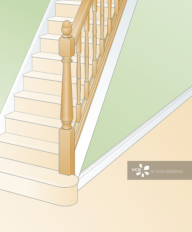 楼梯上木制栏杆的数字插图图片素材
