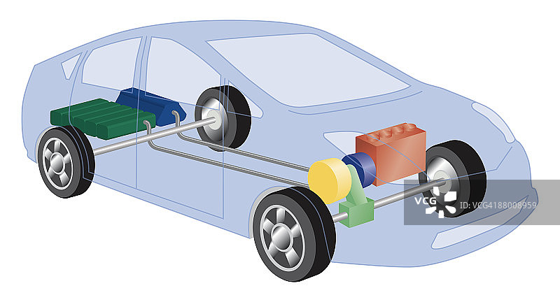 混合动力汽车动力分配单元、电机、启动发电机、电池和油箱横截面数字图图片素材