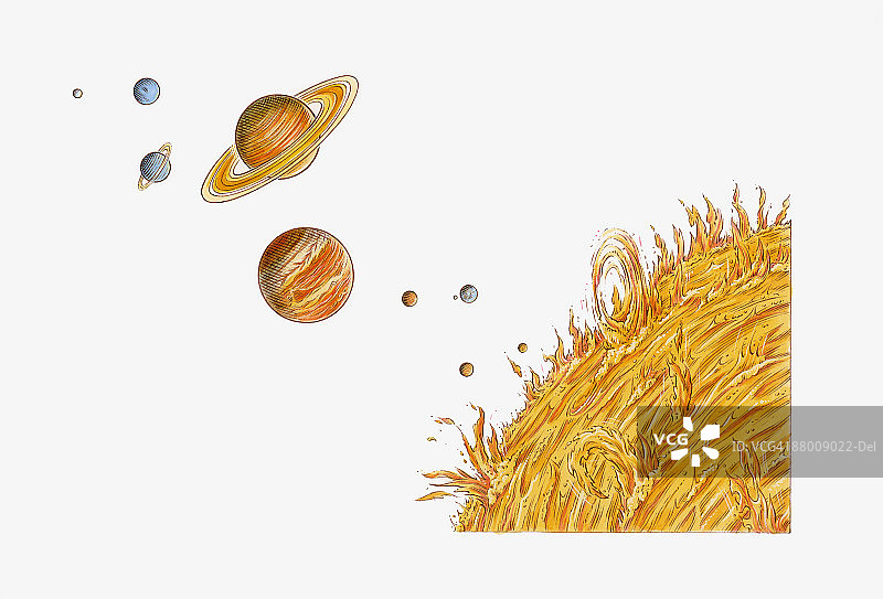 太阳、金星、水星、地球、月球、火星、木星、土星、天王星、海王星和冥王星插画图片素材